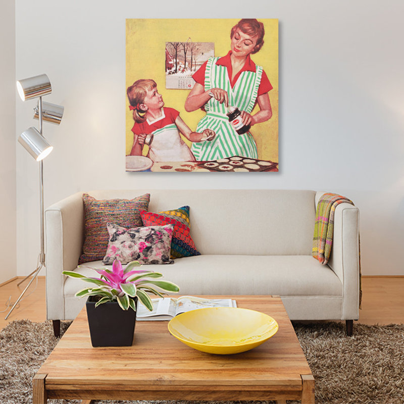 « mère et fille à la cuisson », reproduction d’art sur toile, H 12 po x l 12 po x P 0,75 po, Toile tendue, Pas de tapis