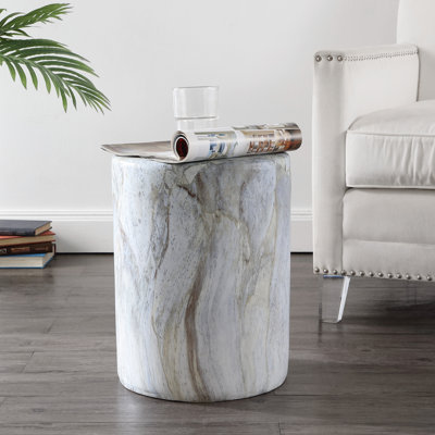 Table d'appoint Troy de 17 po en forme de faux cylindre de marbre gris moderne, table de bout à piédestal rond et tabouret d'intérieur décoratif pour le salon