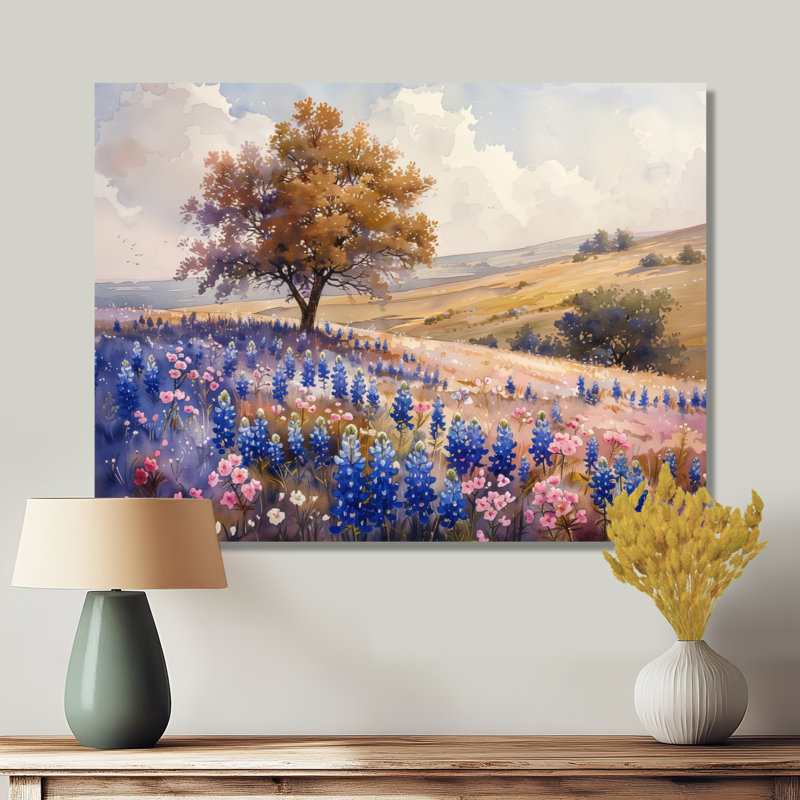Bleu, bleu, fleurs sauvages, bleu, Bonnets, rêves I - Blue Bonnets, art mural, salon, Toile tendue, H 34 po x l 44 po