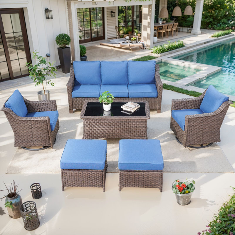 Jenesys 6-Piece Outdoor Wicker Furniture Set With Sofa, Swivel Chairs & Coffee Table, Blue