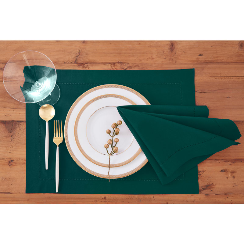 Cotton Linen Hemstitch Dinner Napkins, Dark Green