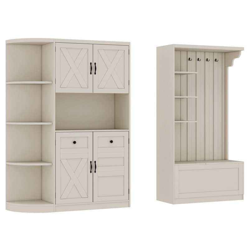 Modular L-Shaped Entryway Hall Tree?&?Storage Cabinet Set,?4?Hooks,?Shelves?&?Flip?Drawer Organizer?for?Hallway
