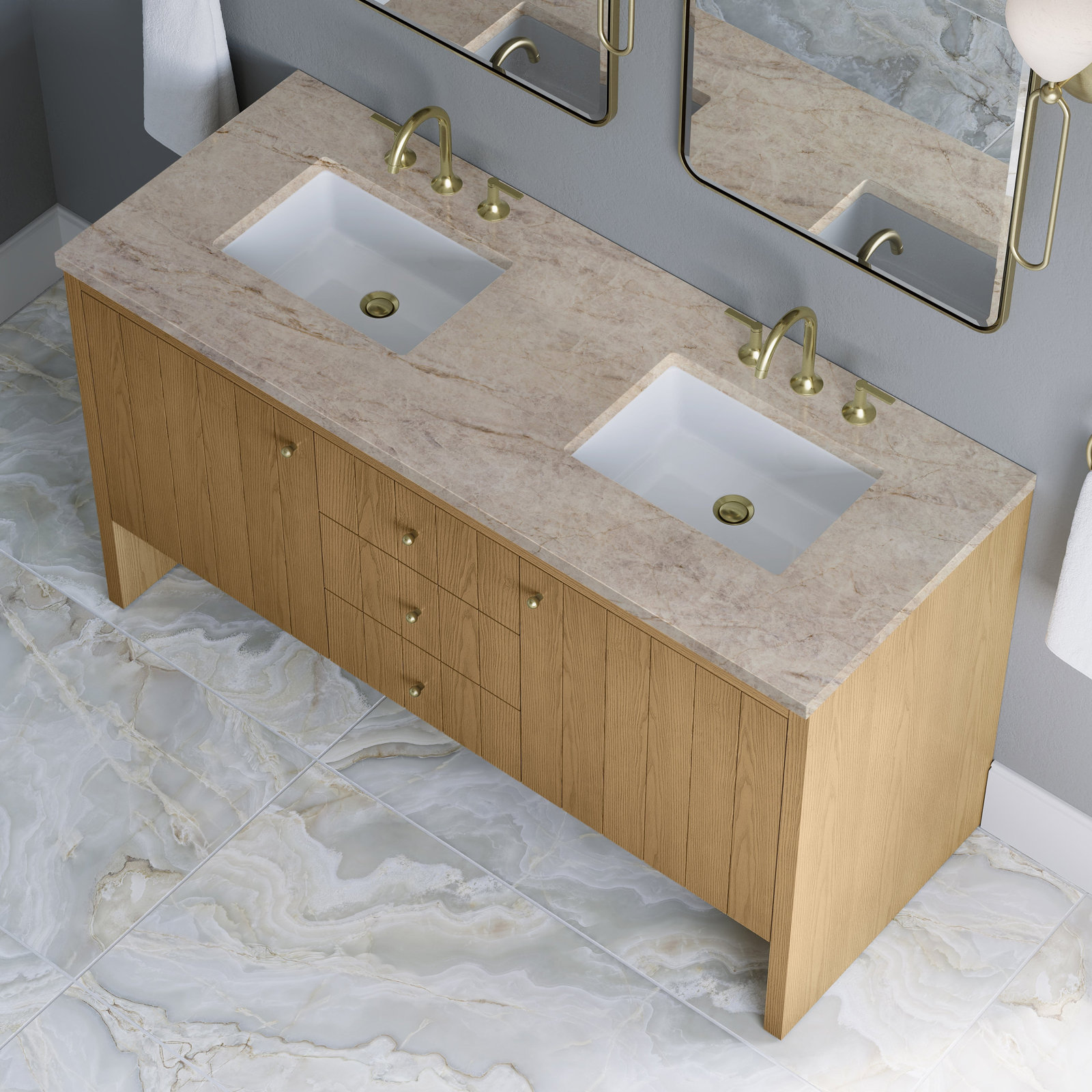 Hudson 60'' Double Bathroom Vanity, Light Natural Oak, Tajnar Eclos, 8" Widespread