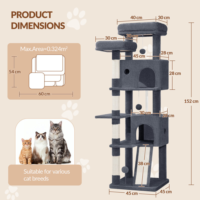 Cat Tree, Dark Grey, 45 x 45 x 152 cm