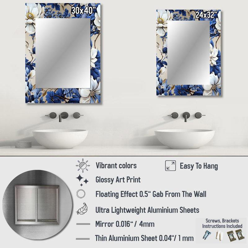 Motif victorien Huston bleu cobalt chinois - miroir décoratif floral, miroir mural floral, impression d'art en métal
