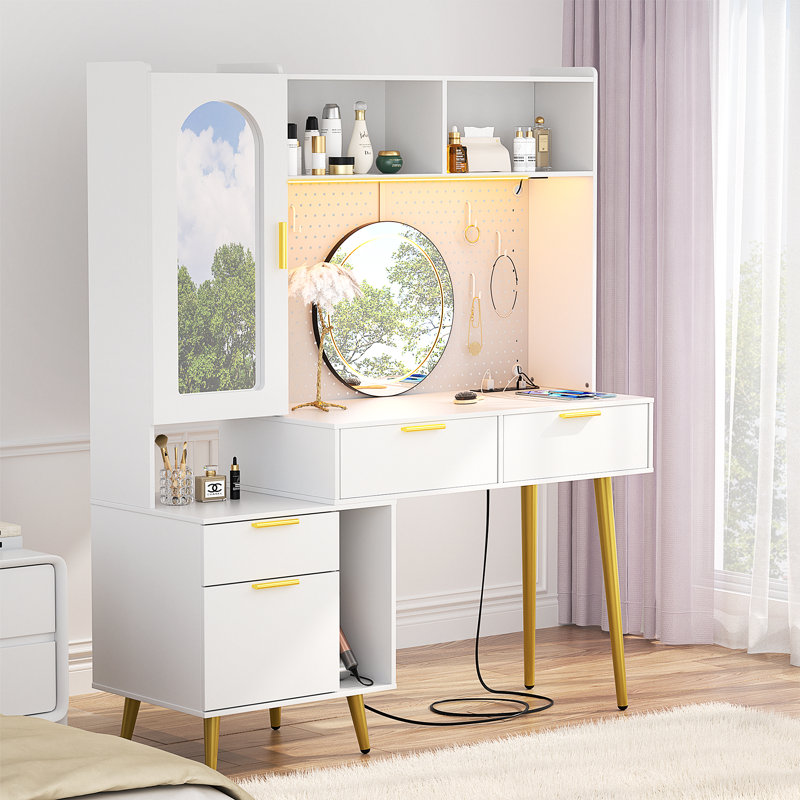 Osage 48" × 61"  Makeup Vanity Desk with LED Light & Charging Station, White