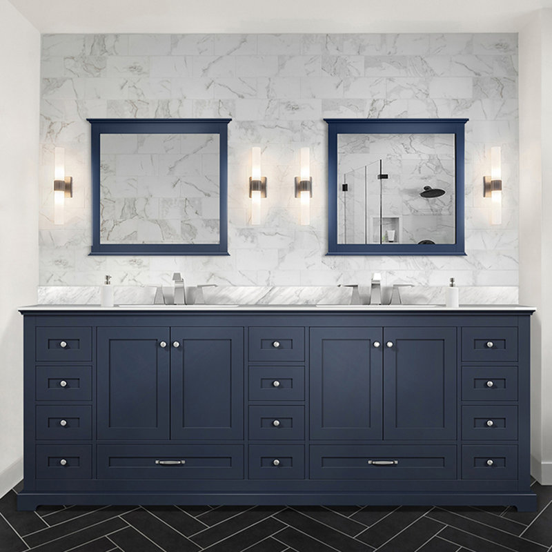 Meuble-lavabo double bleu marine l 84 po x P 22 po, comptoir en marbre de Carrare, ensemble de robinet et miroirs de 34 po