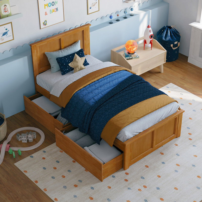 Madison Solid Wood Platform Bed with Matching Footboard & Storage Drawers , Twin, Light Toffee