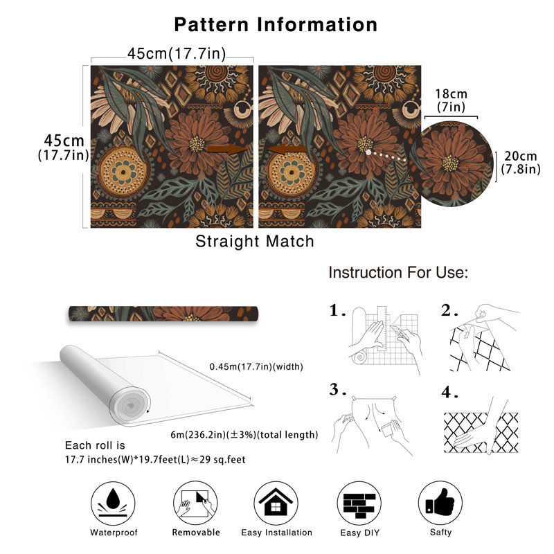 Boho Peel and Stick Wallpaper Floral Brown/Peach/Green Roll