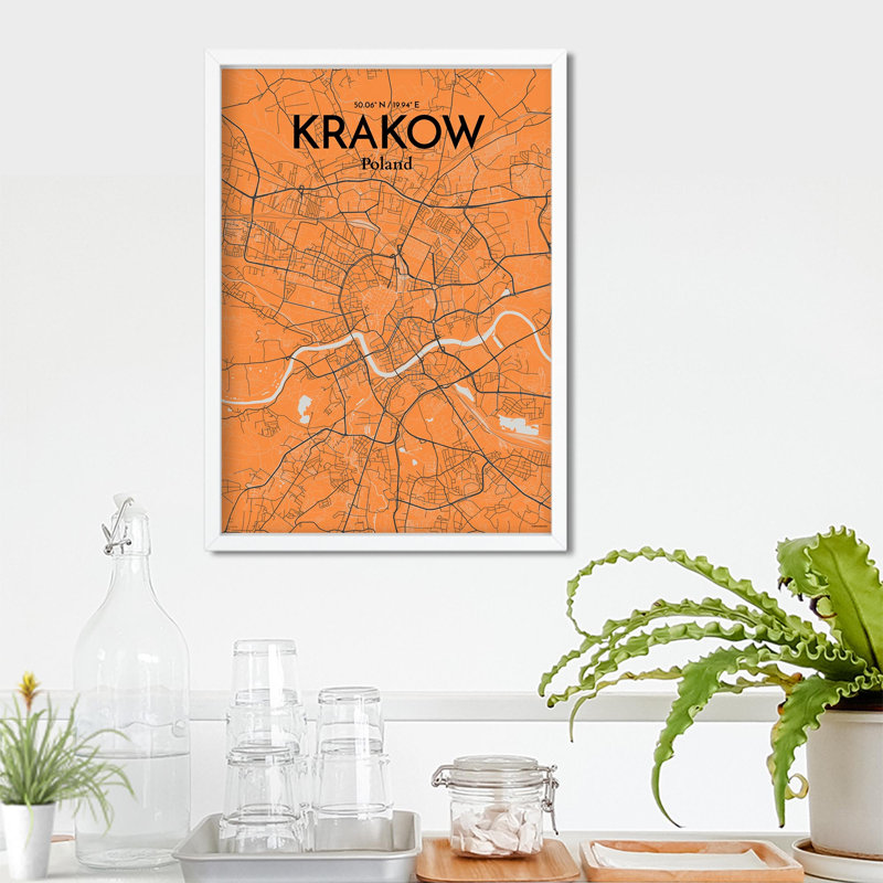 «Krakow City Map», impression de luxe, Orange / gris, H 27,6 po x l 19,7 po