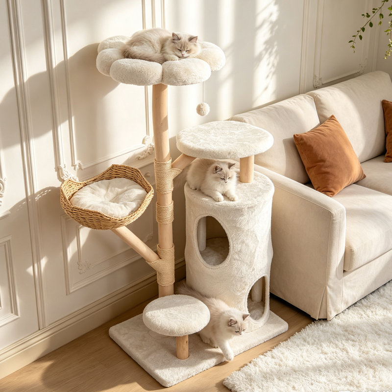 Arbre à chat à plusieurs niveaux avec branche en bois véritable pour chat avec grange à 2 étages, perchoir mou, bol de tissage en paille rustique, lits pour chat, poteaux à griffer et poteau en sisal