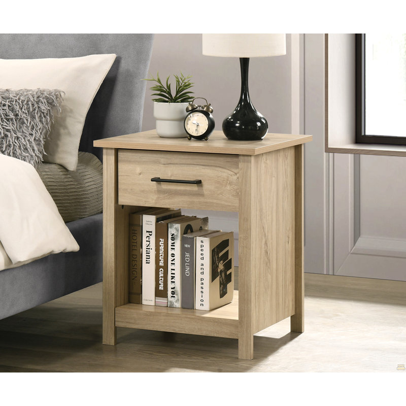 20"W Light Oak Finish 1-Drawer Nightstand Bedside Table, Light Oak