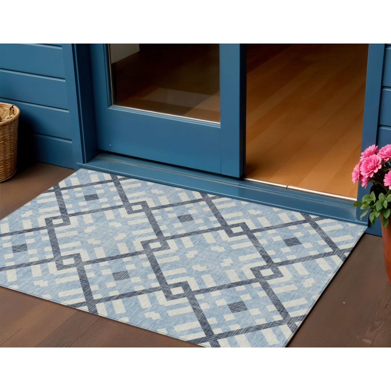 Tapis intérieur / extérieur lavable géométrique bleu ciel et ivoire HomeRoots 3 pi x 5 pi