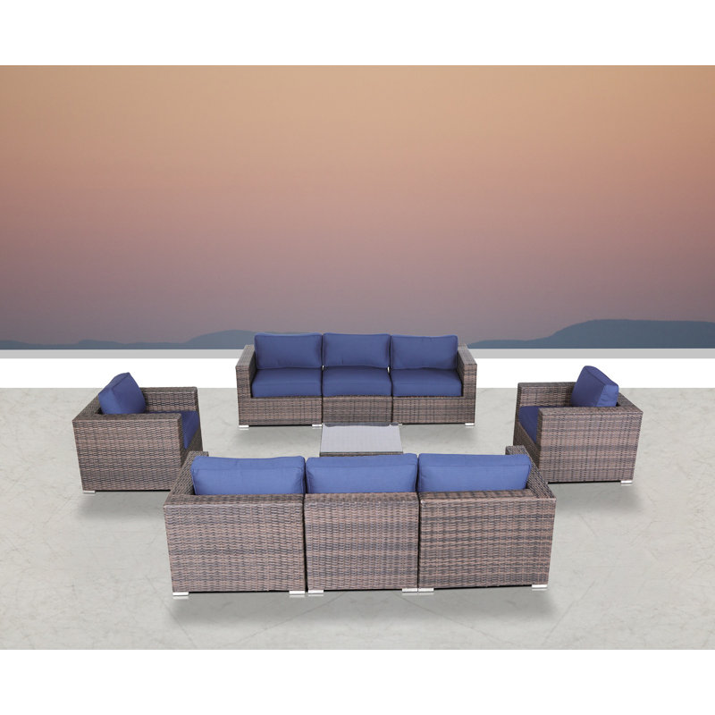 Ensemble de conversation modulaire en rotin 9 pièces avec coussins Sunbrella entièrement assemblés