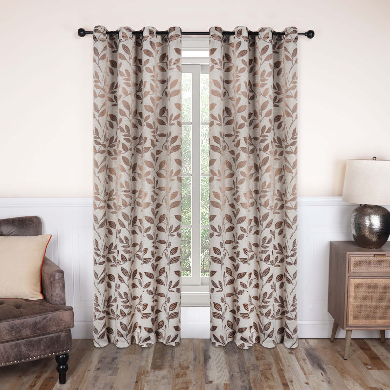  Finklea Floral Pattern Polyester Light Filtering/Room Darkening Rod Pocket Curtain Panels, 42" W x 96" L, White/Copper