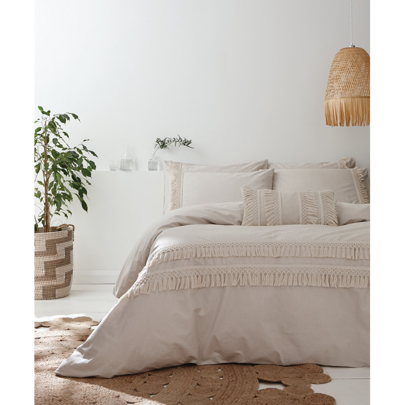 Izmir Cotton Tassel Duvet Cover Set with Pillowcases, Double Duvet Cover + 2 Standard Pillowcases, White