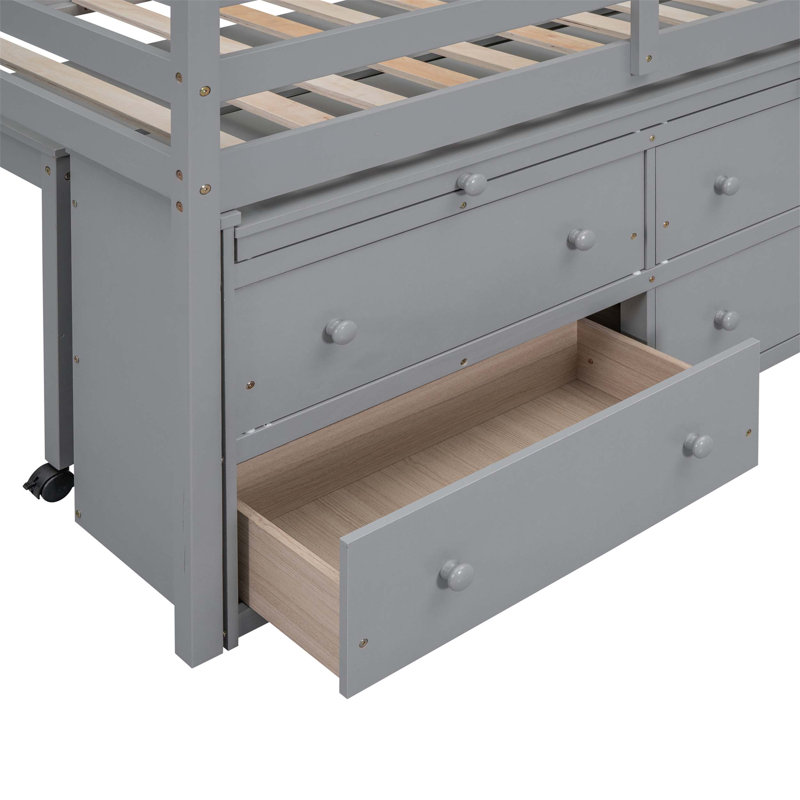 Lit mezzanine polyvalent avec bureaux, tablettes et tiroirs rétractables et portables pour une utilisation optimale de l'espace et un confort optimal