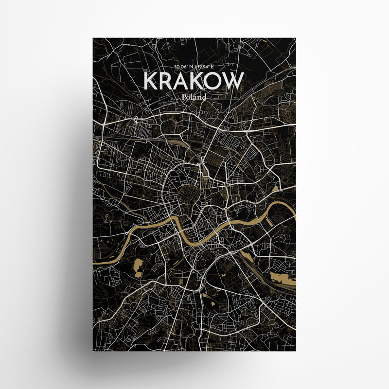 «Krakow City Map», impression de luxe, Noir et or, H 17 po x l 11 po