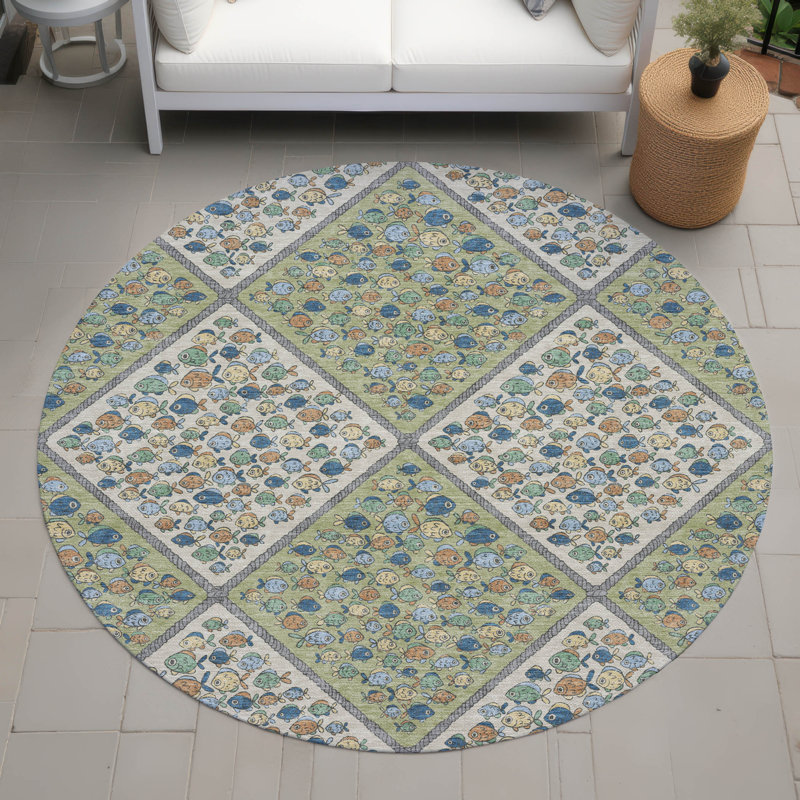 Tapis intérieur / extérieur lavable à la machine pour enfants ACN2579, Aloès, Rond 8 pi
