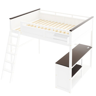 Grand lit mezzanine blanc avec bureau, tablettes de rangement et une boîte