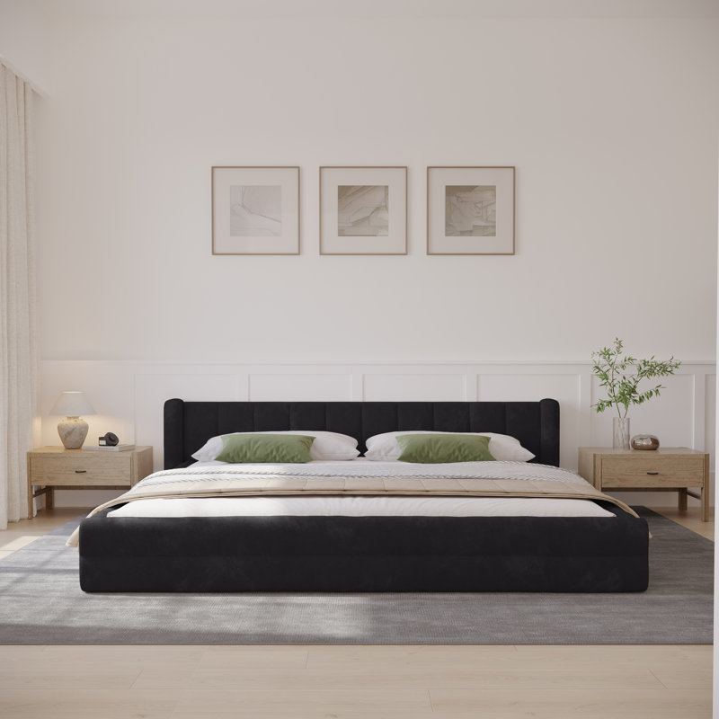 Base de lit tapissier Chenille, lit plateforme avec tête de lit à oreilles, Gris foncé, Très grand