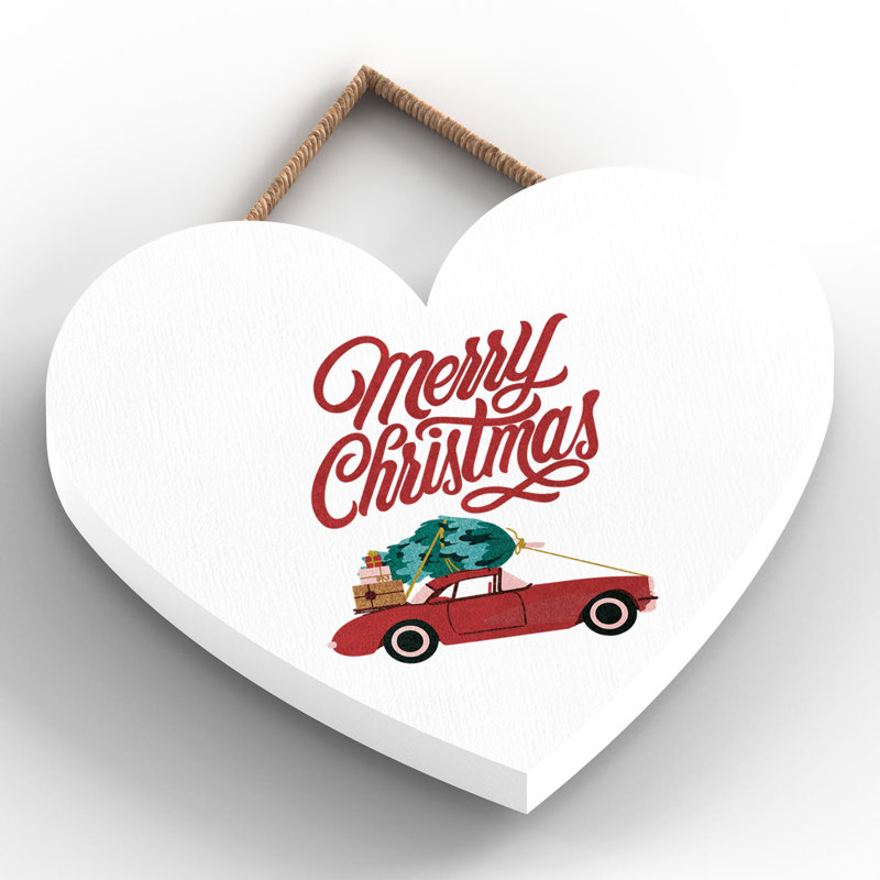 Xmas Merry Christmas Car Wooden Heart Plaque, 10cm H x 9cm W x 0.5cm D