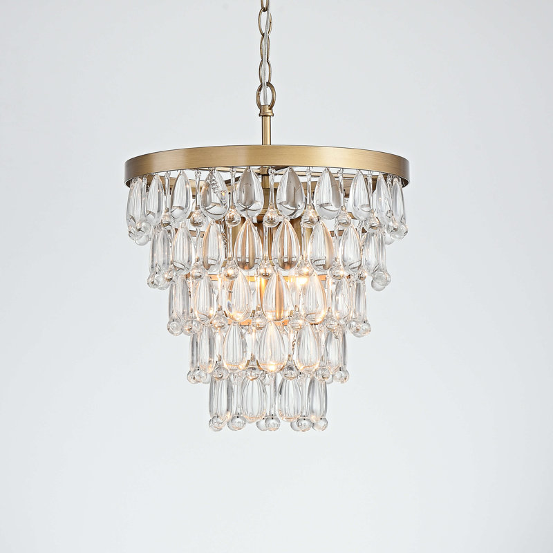 Kabresha 4 - Light 14“ Crystal Teardrop Tiered Round Chandelier, Brushed Brass