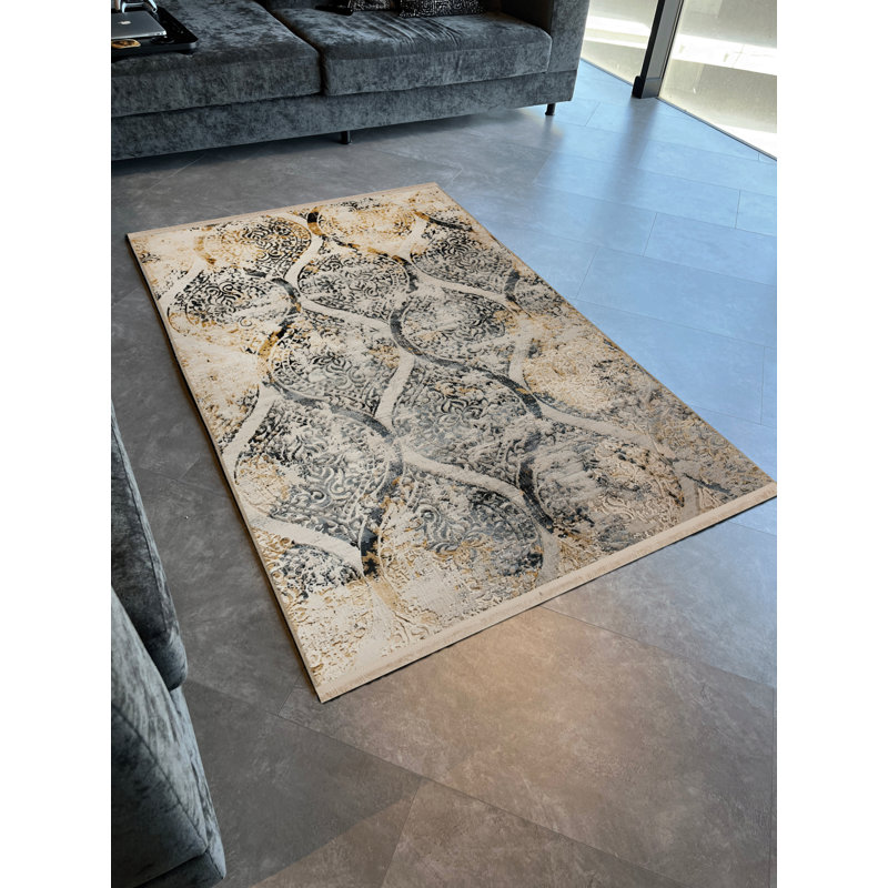 Tapis décoratif moderne à motif géométrique beige / gris-poudre, Rectangle 4 pi 11,06 po x 7 pi 6,55 po