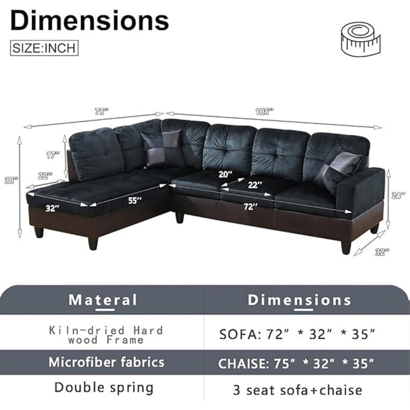 Lemley Upholstered L-Shaped Sectional, Left Hand Facing, Blue/Black Microfiber/Microsuede/Faux Leather