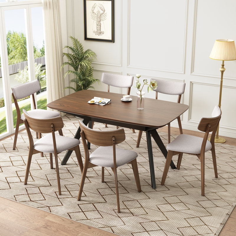 Evonne Upholstered Dining Set With Rubberwood Frame, 7, Light Beige