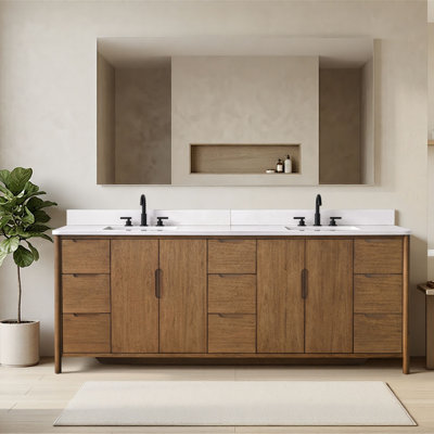 Lucerne 84" Double Sink Freestanding Bathroom Vanity with Engineered Stone Top, Hidden Power Station, USB Charging Shelf & Hair Dryer Holder 