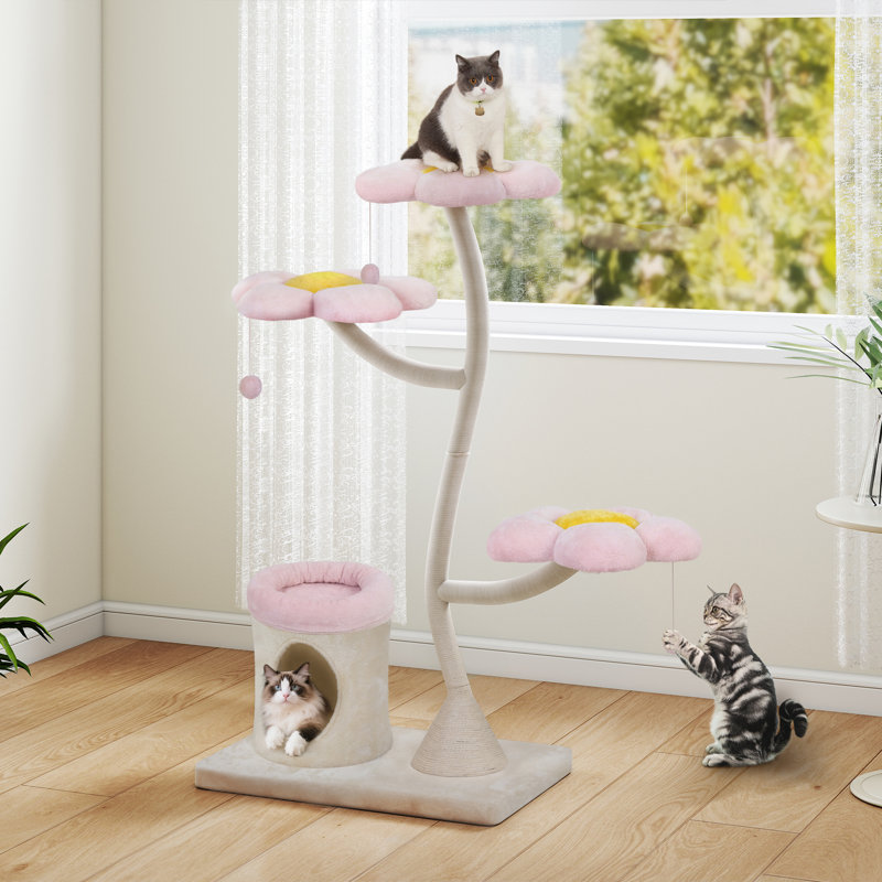 Arbre à chat en fer rose 5 pi avec 3 plateformes de fleurs et boules