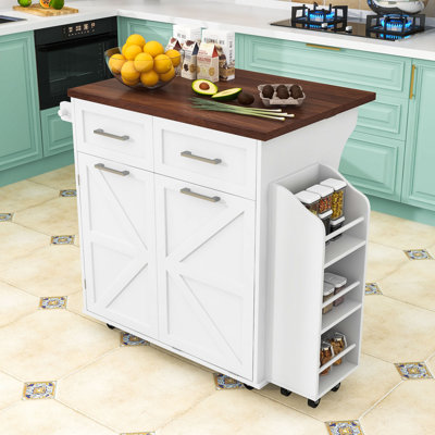 Rolling Kitchen Island Cart with Drop Leaf, Trash Cabinet, 2 Drawers and Removable Side Rack by Gracie Oaks