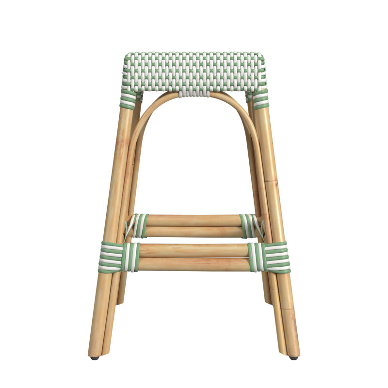 Robias Rattan Bar & Counter Stool, White/Green Dot/ Natural Rattan Frame, Counter Stool (24.5" Seat Height)