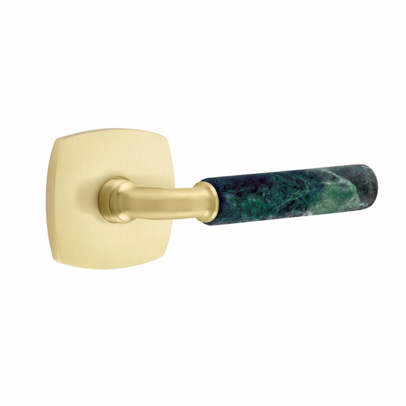 Ensemble de leviers de passage Emtek Select, rosette Urban Modern, tige en R, poignée en marbre vert, CF, Laiton satiné
