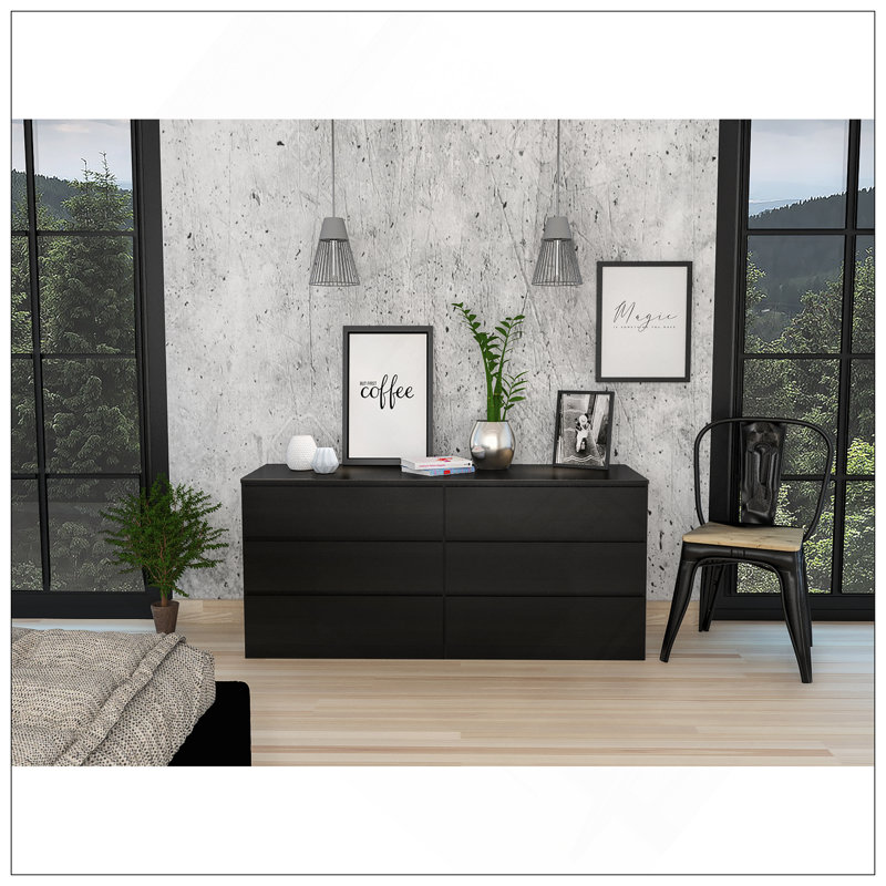 Commode double 6 tiroirs, dessus, noir, Noir