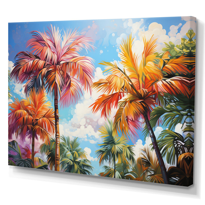 Collage de palmiers colorés sur toile, H 34 po x l 44 po x P 1,5 po, Toile tendue