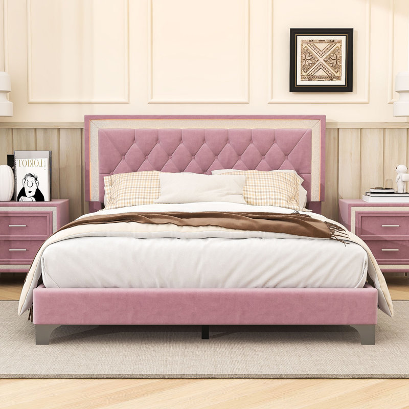Grand lit tapissier avec lumières DEL Harsukh, Rose