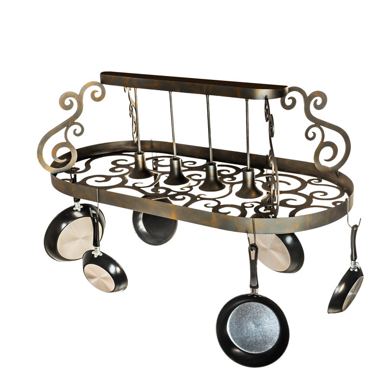 48" Bronze Metal Oval Hanging Pot Rack with Chocolate Glass