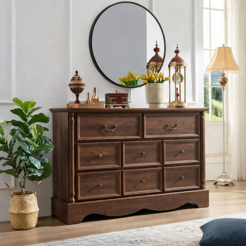Gorritz 8 Drawers Dresser, 54" Wide Farmhouse Chest of Drawers with Charging Station, Brown