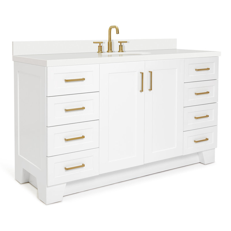 61 IN.  Single Bathroom Vanity, White, Oval, White Quartz