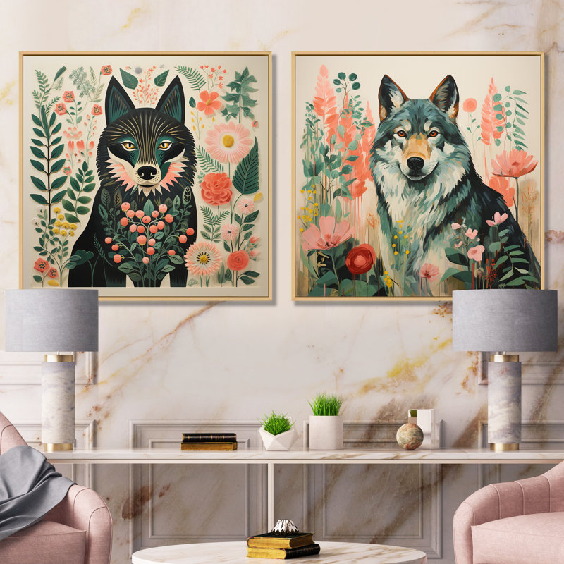 «Pink and Green Boho Wolf Portrait I», ensemble d'art mural sur toile loup, Cadre flottant brun, H 36 po x l 73 po x P 1,5 po