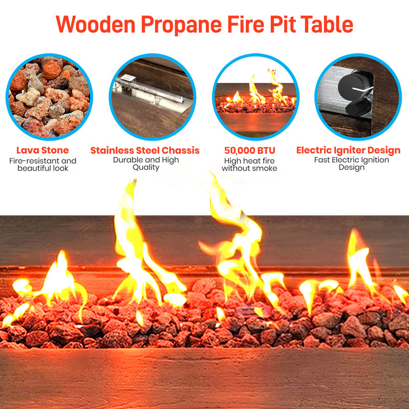 Brown Rectangular Gas Fire Pit Table with Adjustable Flame