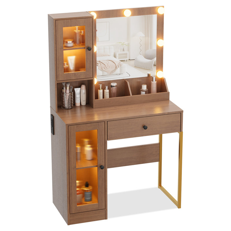 Bureau de coiffeuse avec miroir et lumières, table de maquillage avec prises USB, tiroirs de rangement et ampoules réglables