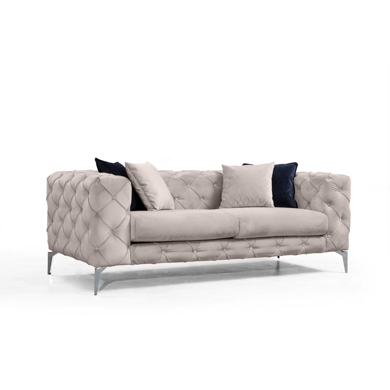 Canapé moderne 2 places, couleur écru, 77,6 po x 28,7 po x 35,4 po | Structure en bois de hêtre et en carton, tissu 100% polyester, pieds en métal chromé | Comprend 2 coussins, housses amovibles, parfaits pour le décor et le confort glamour