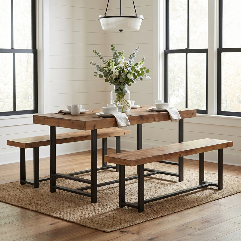 4-Person Solid Wood Dining Table Set, 3-Piece Dining Table With 2 Dining Benches For Kitchen