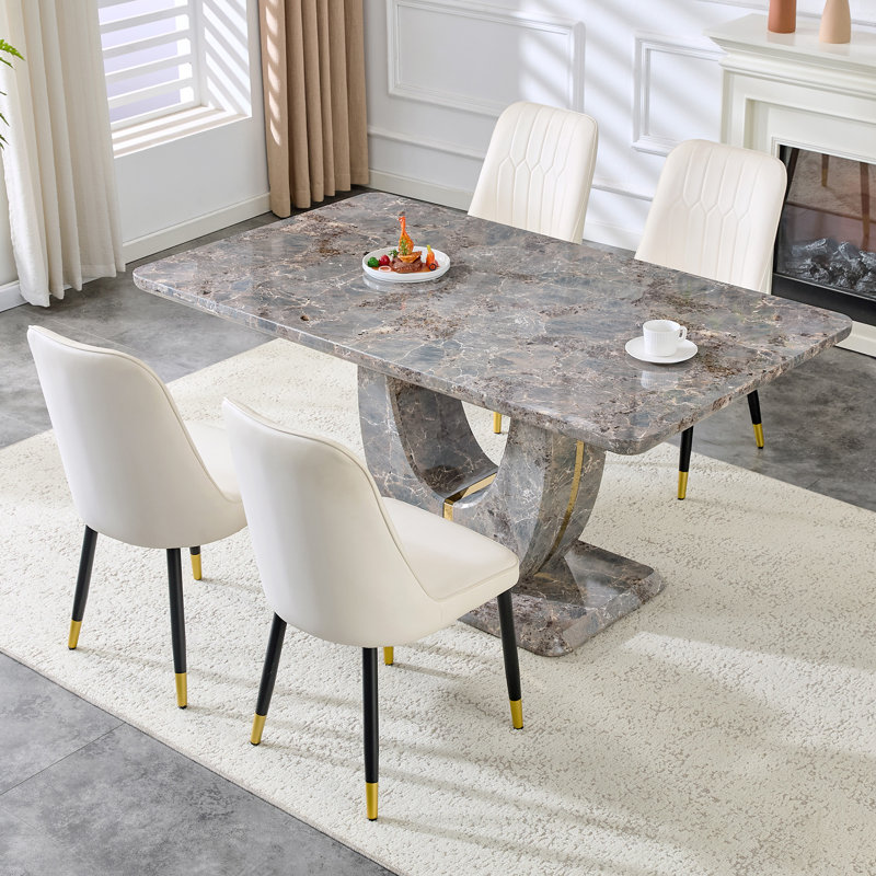 Ensemble de table de salle à manger moderne avec chaises semi-enveloppées rembourrées en similicuir, Blanc, Gris