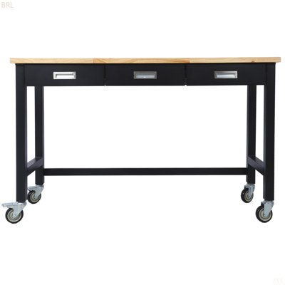 60In Work Bench, Workbench With Drawer Storage, Heavy Duty Bamboo Wood Work Table With Wheels For Garage Home Office