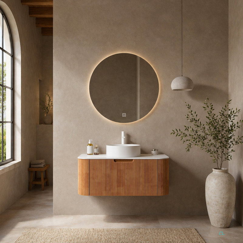 Meuble-lavabo de salle de bain 36 po, lavabo à bordures arrondies rayé avec tiroir en céramique et plateau en pierre frittée Carrara de Dina