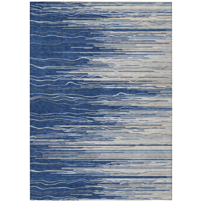 5' X 8' Navy Blue Gray And Ivory Striped Washable Indoor Outdoor Area Rug